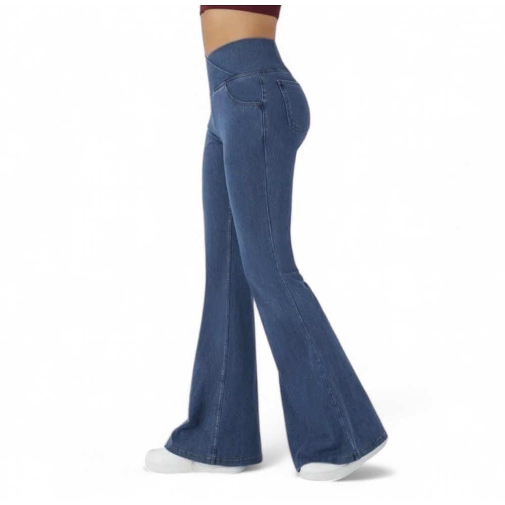 Halara Women Crossover High Waisted Flare Bell Denim Look Leggings Blue Large - Picture 3 of 7
